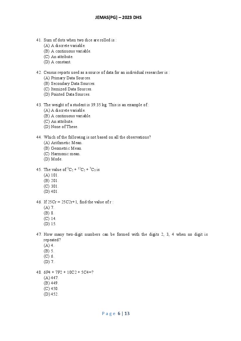 JEMAS PG 2023 Question Paper PDF (26 Course Papers)