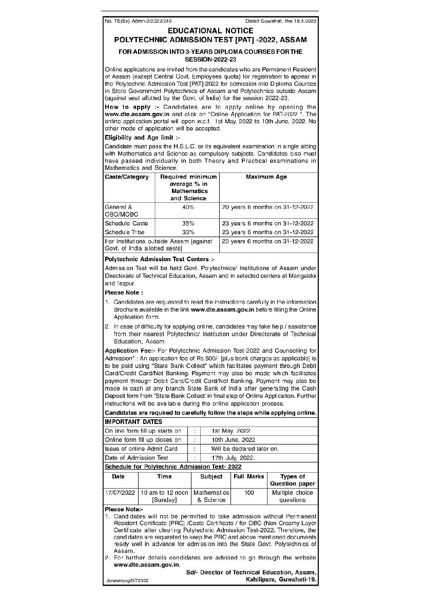 Assam Polytechnic Admission Test (PAT) 2022 Notification - Page 1