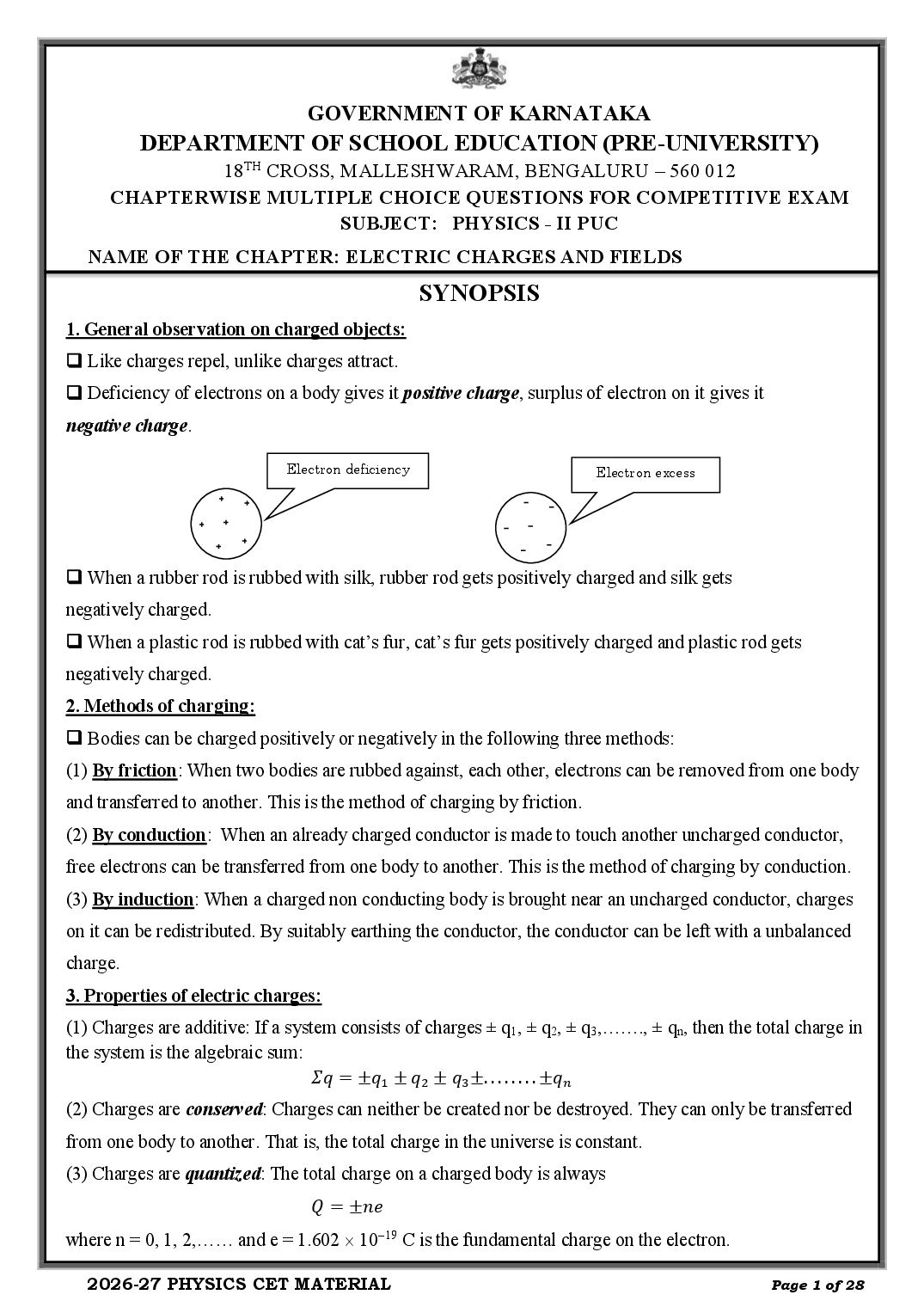 Karnataka 2nd PUC Physics Electric Charges and Fields MCQ with Answers - Page 1 of 28