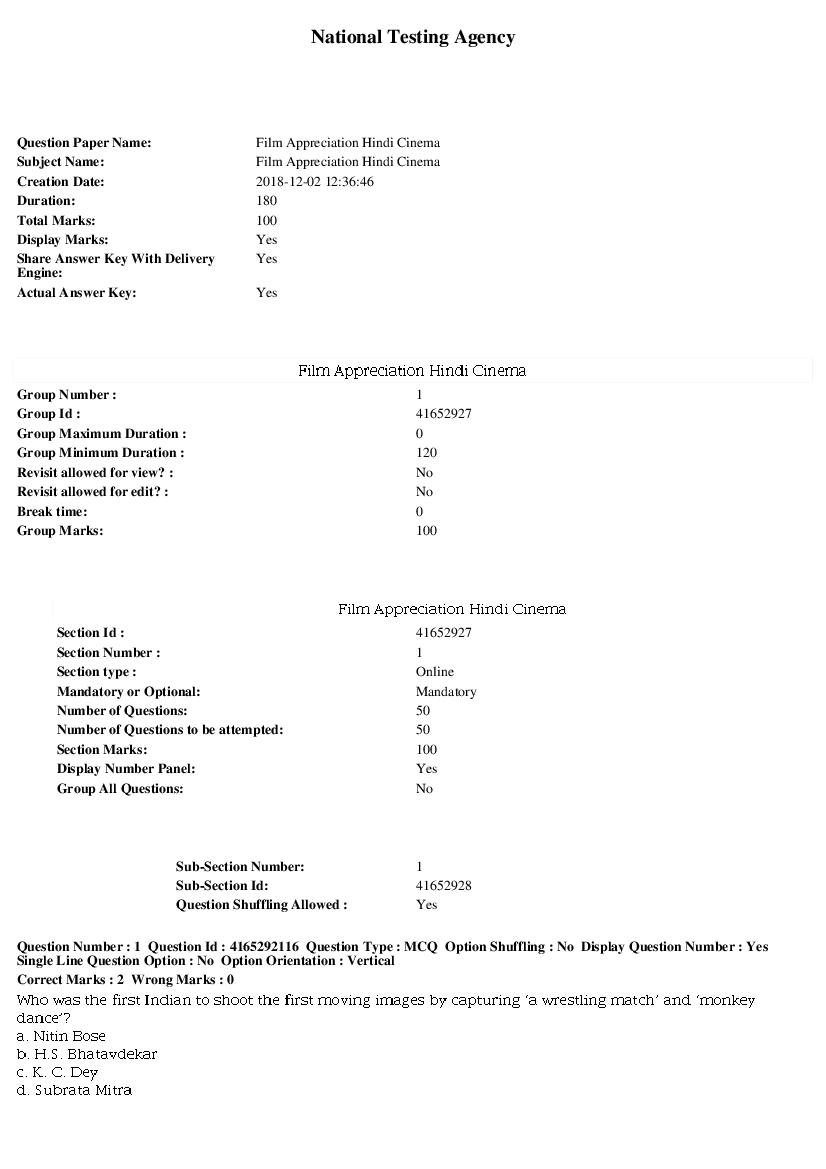 SWAYAM 2018 Question Paper Film Appreciation Hindi Cinema - Page 1 of 9