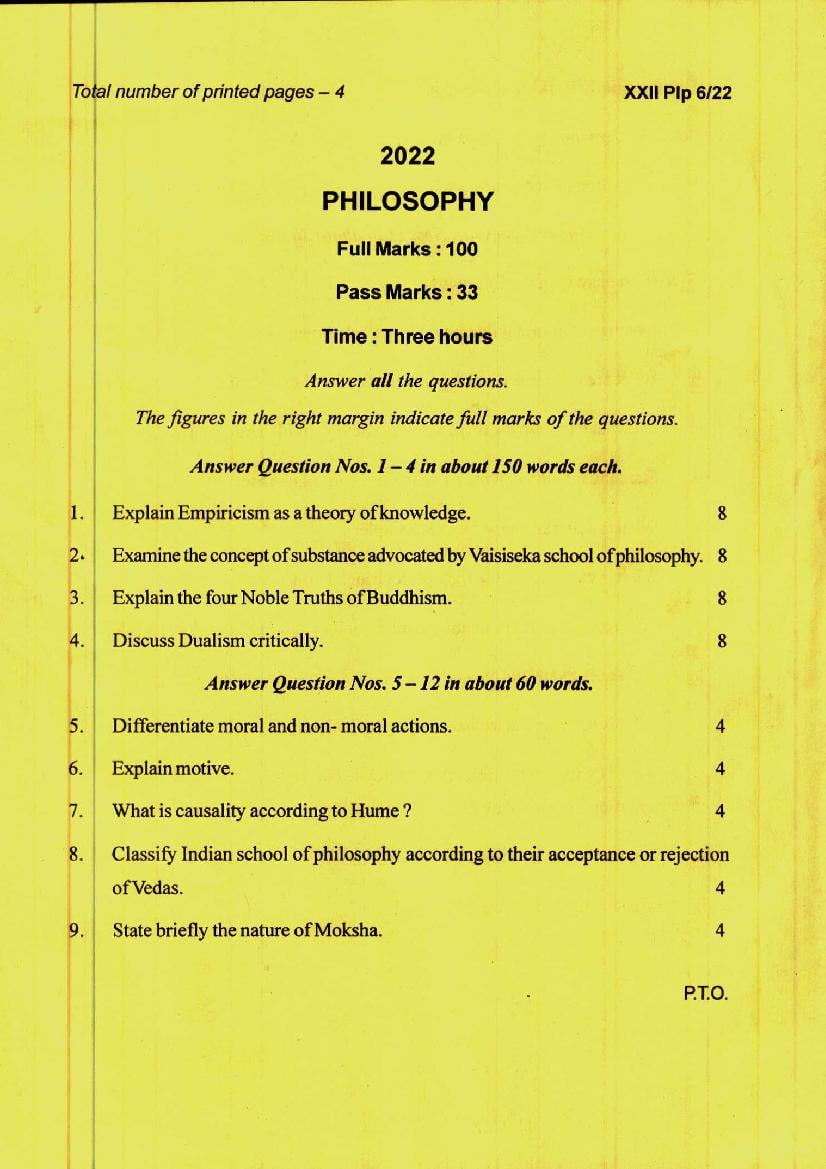 Manipur Board Class 12 Question Paper 2022 for Philosophy - Page 1