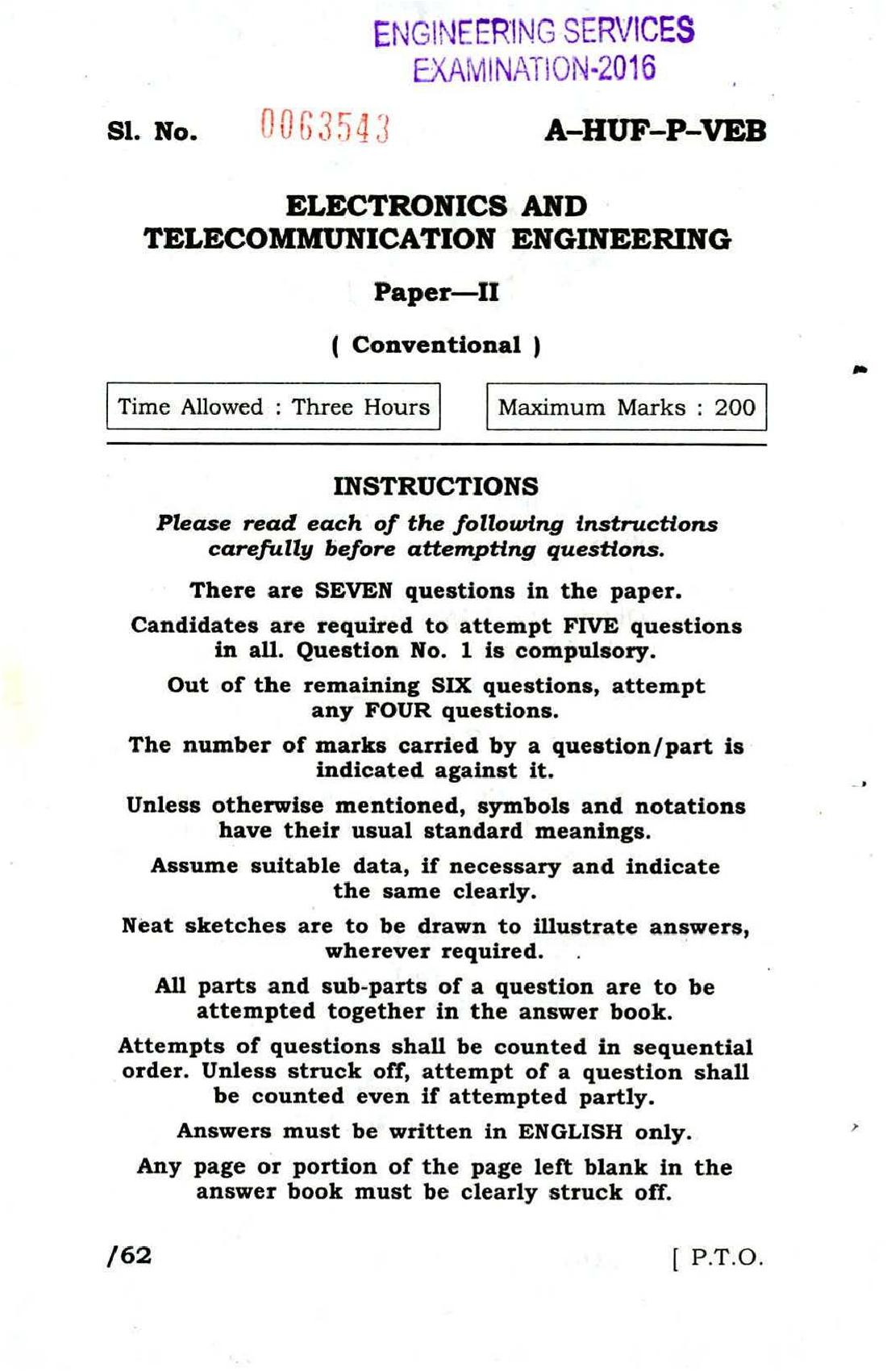 UPSC IES 2016 (Mains) Question Paper Electronics and Telecommunication Engineering Paper II - Page 1