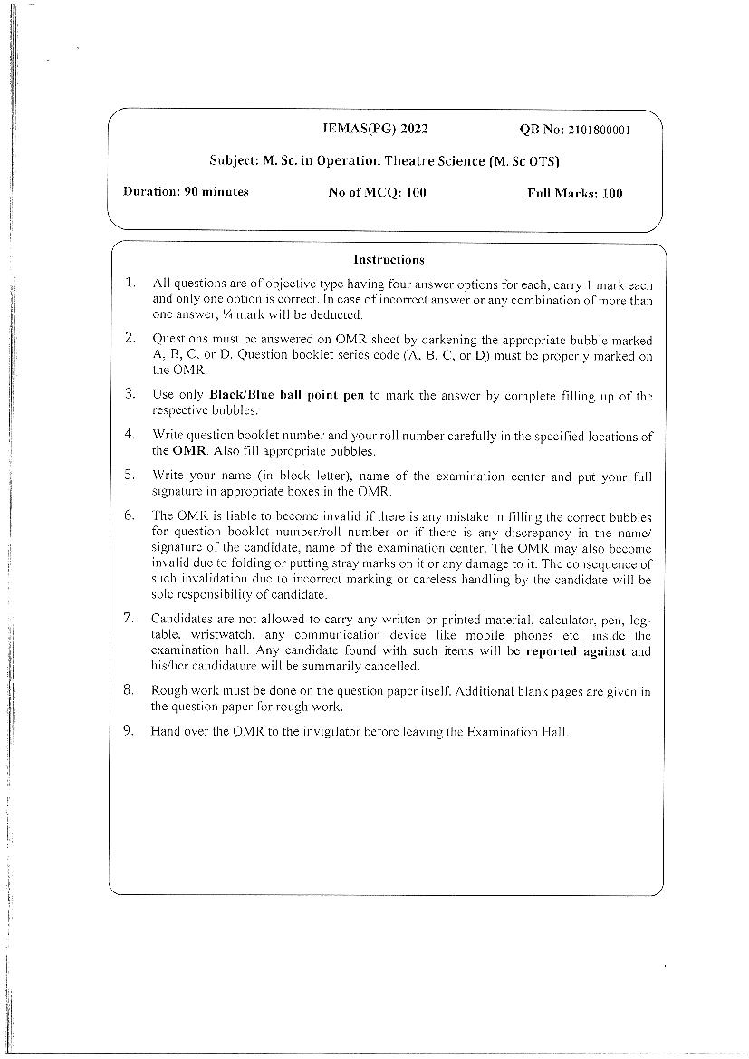 JEMAS PG 2022 Question Paper M.Sc OTS - Page 1