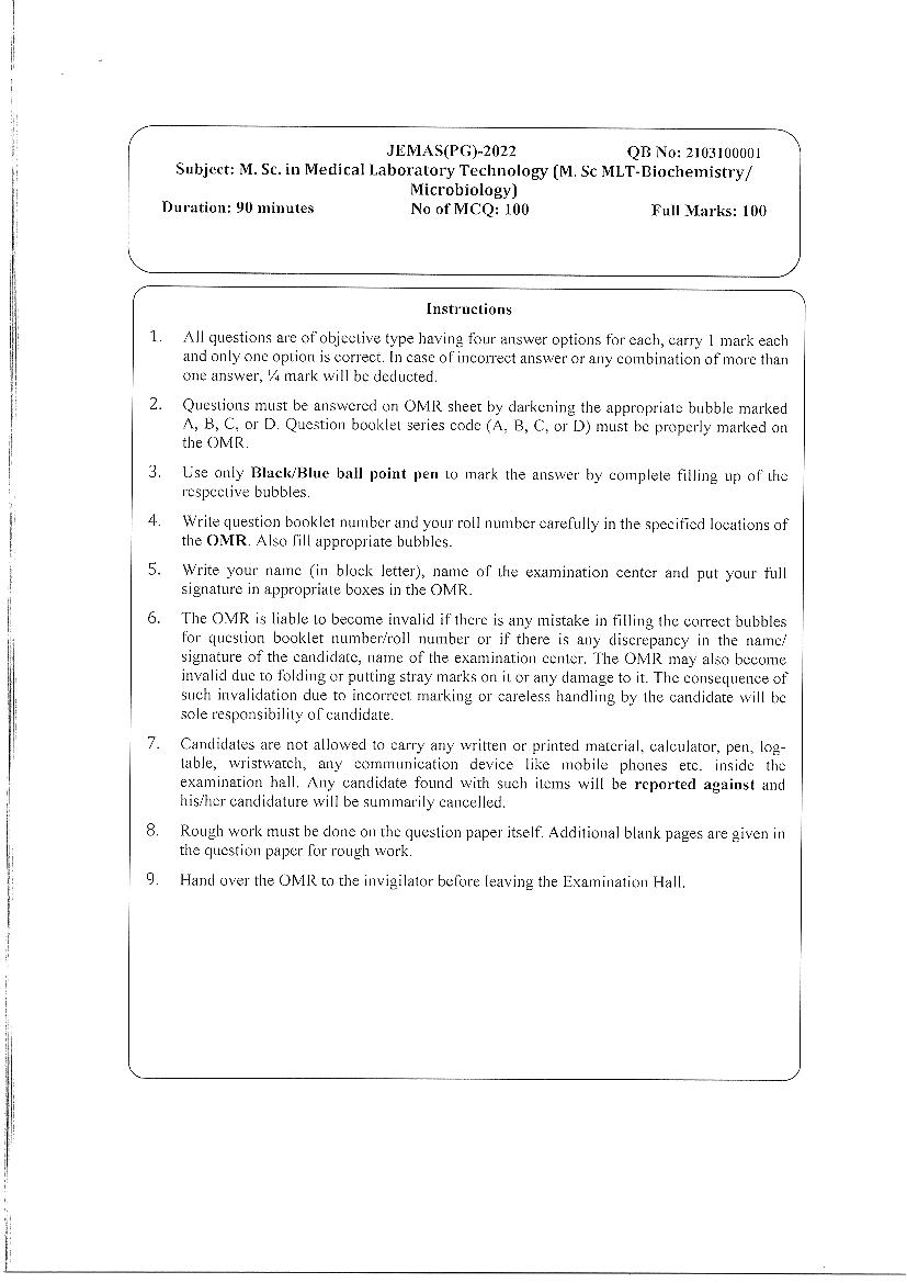 JEMAS PG 2022 Question Paper M.Sc MLT - Page 1