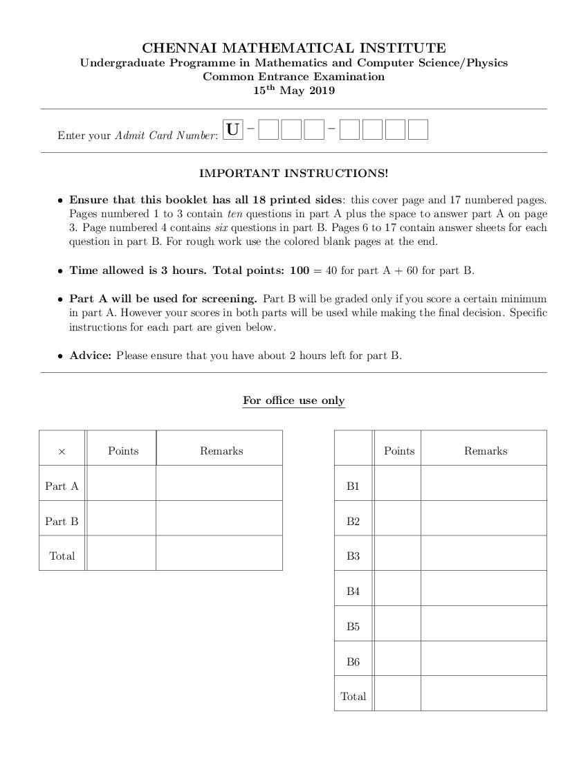 CMI Entrance Exam 2019 Question Paper for B.Sc Maths & Computer - Page 1