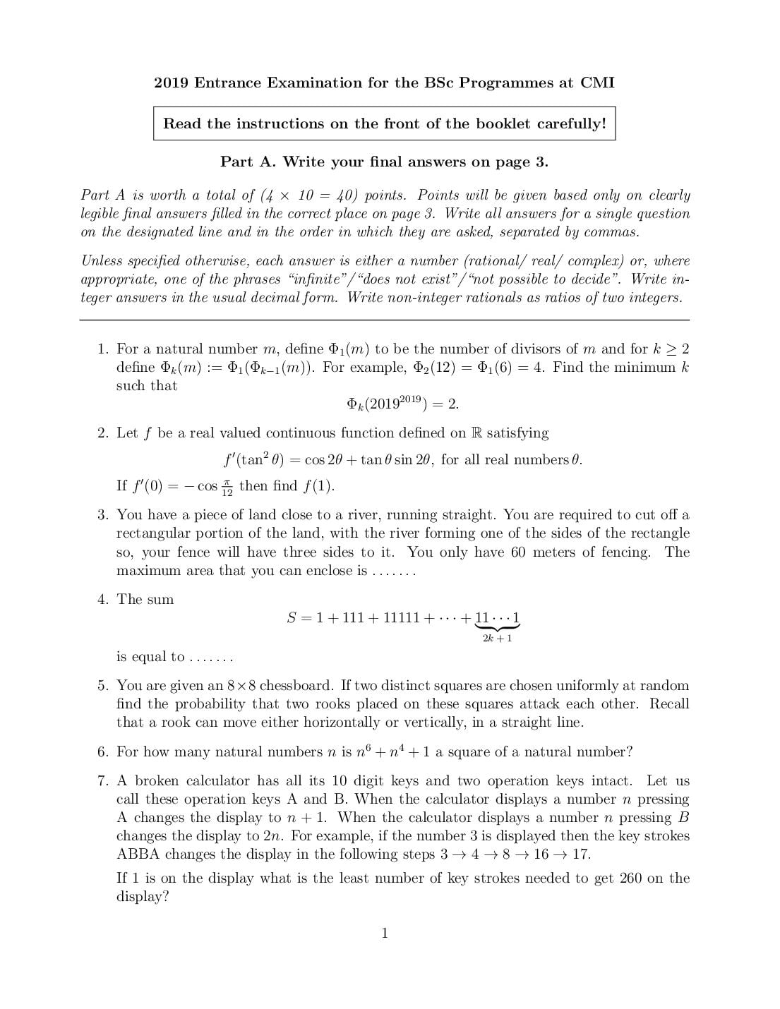 CMI Entrance Exam 2019 Question Papers PDF with Solutions (4 Papers)