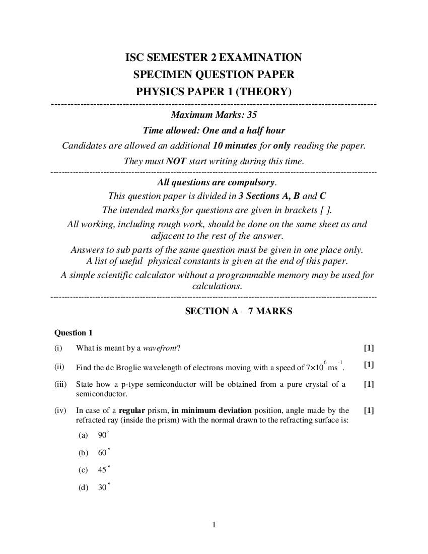 ISC Class 12 Specimen Paper 2022 Physics Semester 2 - Page 1
