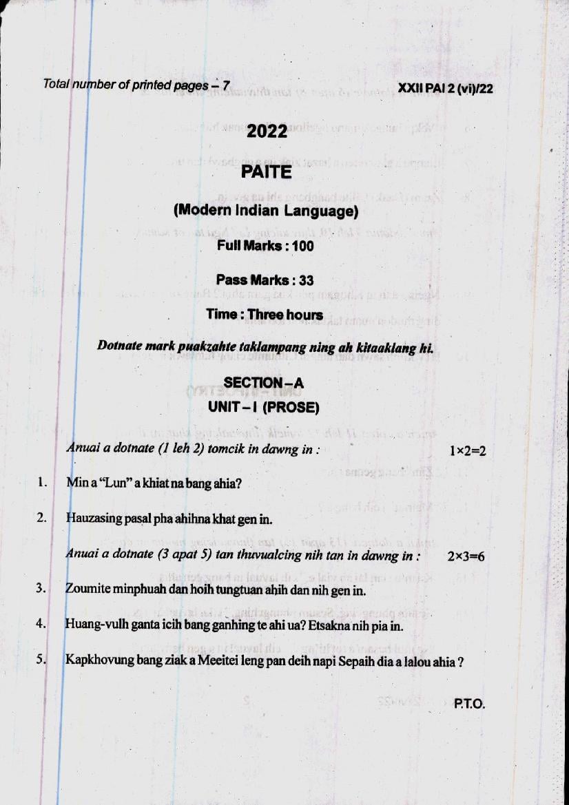 Manipur Board Class 12 Question Paper 2022 for Paite - Page 1
