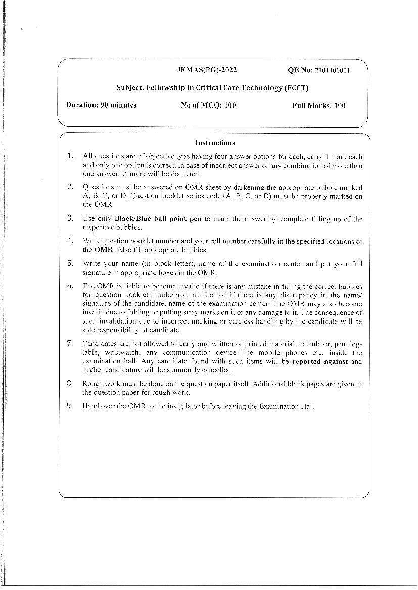 JEMAS PG 2022 Question Paper FCCT - Page 1