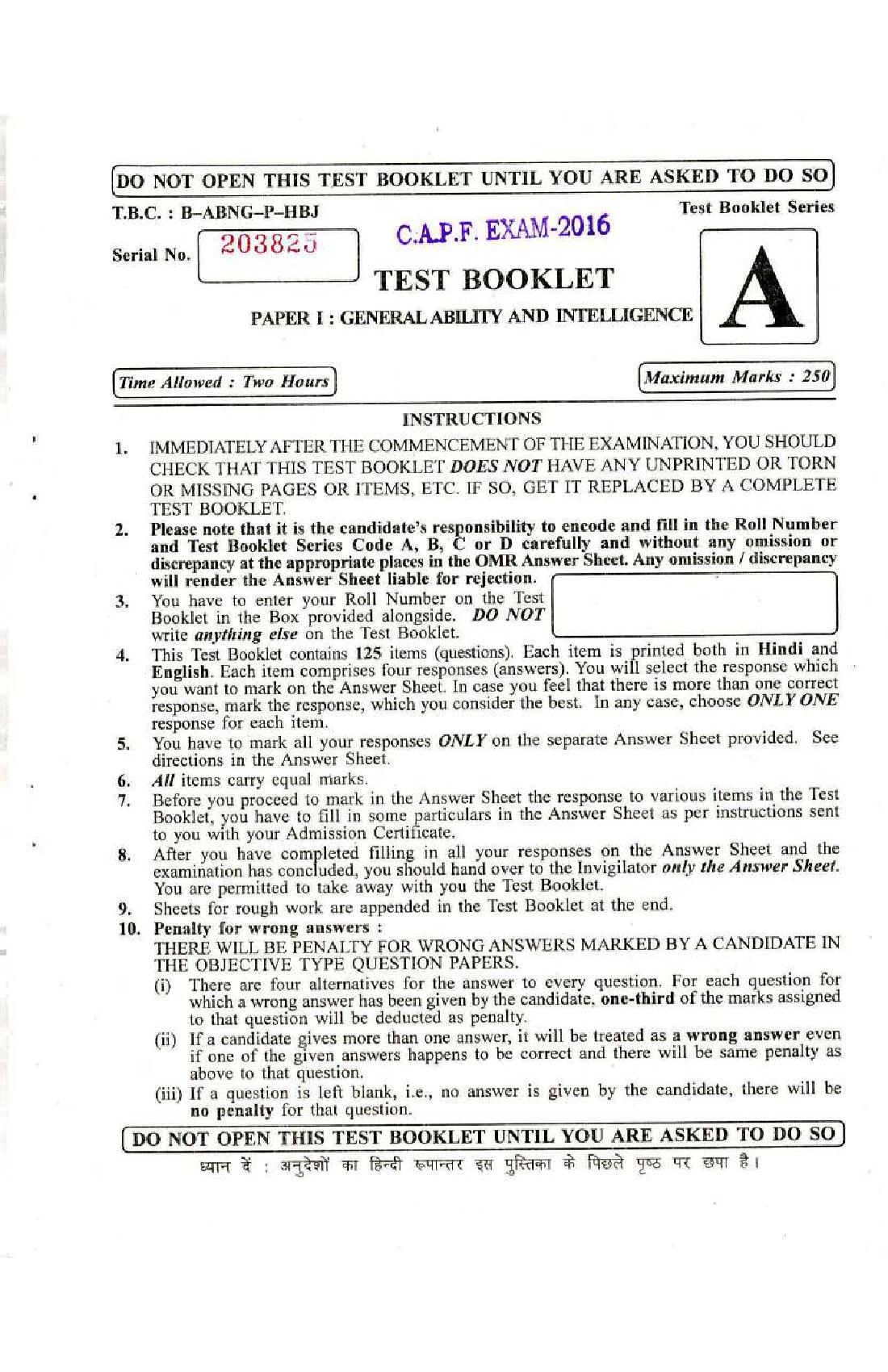 UPSC CAPF AC 2016 Question Paper for General Ability and Intelligence - Page 1