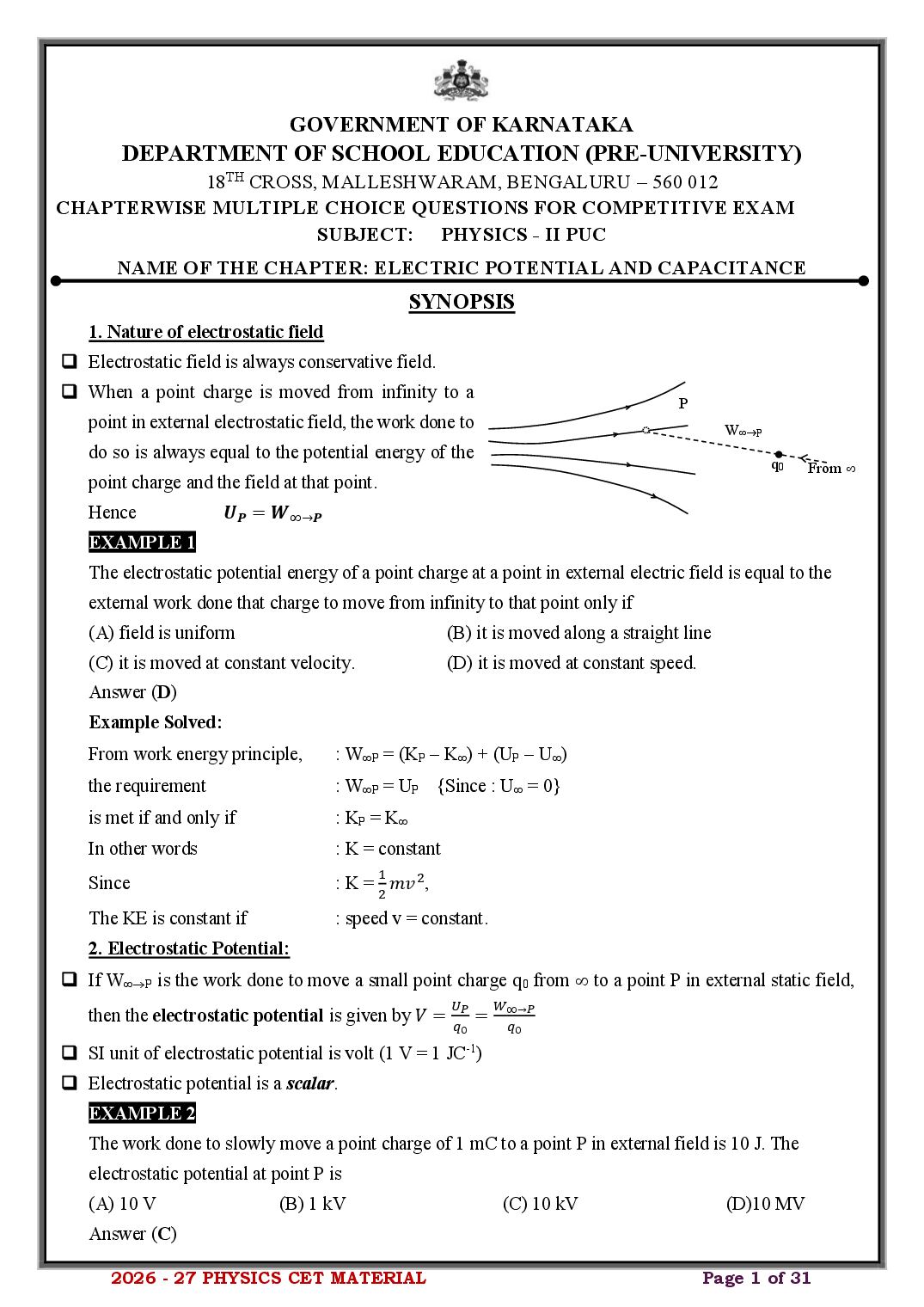 Karnataka 2nd PUC Physics Electric Potential and Capacitance MCQ with Answers - Page 1 of 31