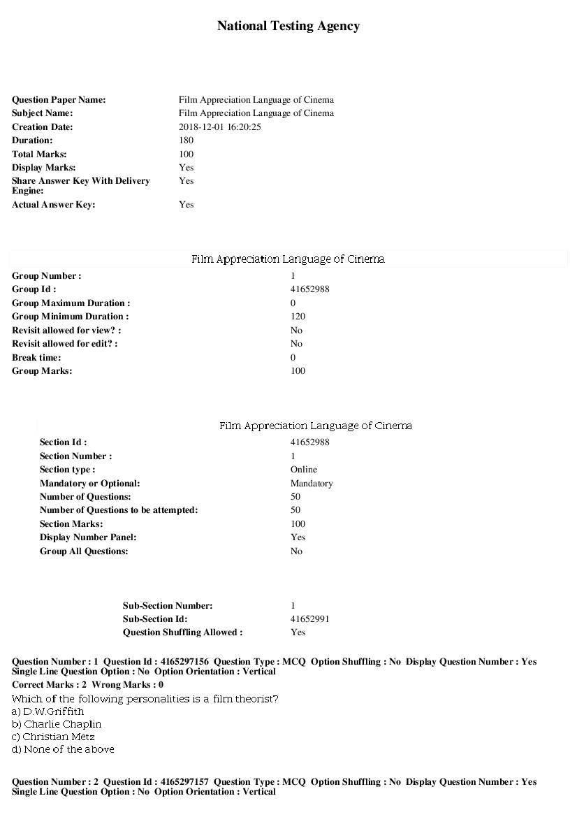 SWAYAM 2018 Question Paper Film Appreciation Language of Cinema