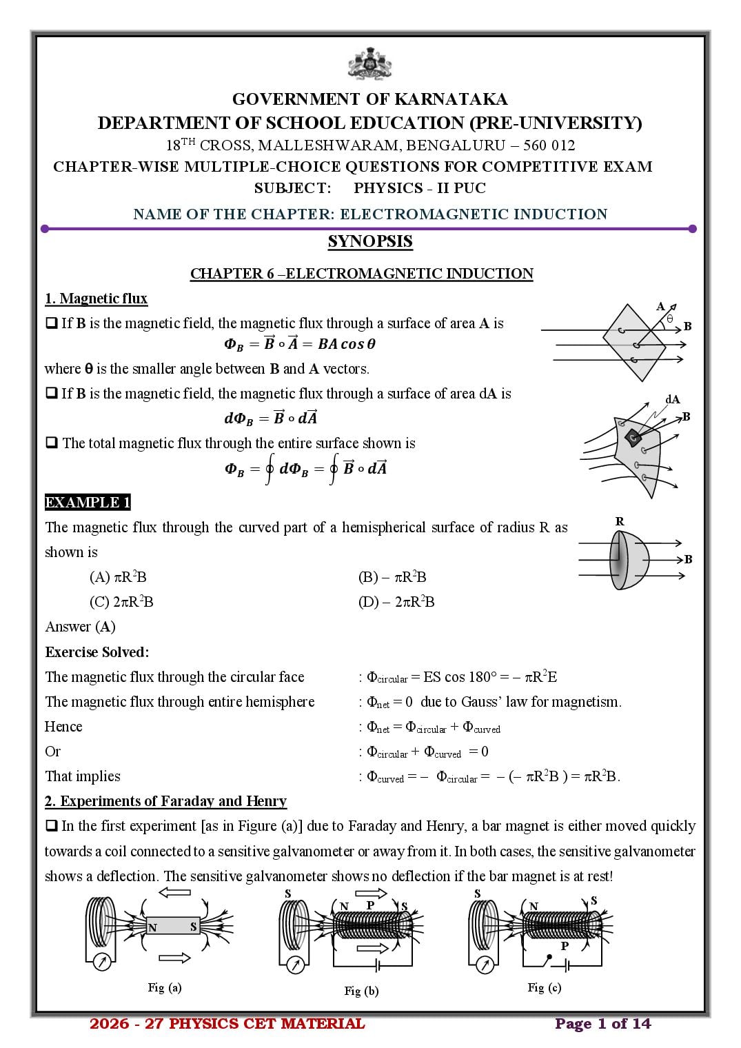 Karnataka 2nd PUC Physics Electromagnetic Induction MCQ with Answers - Page 1 of 14