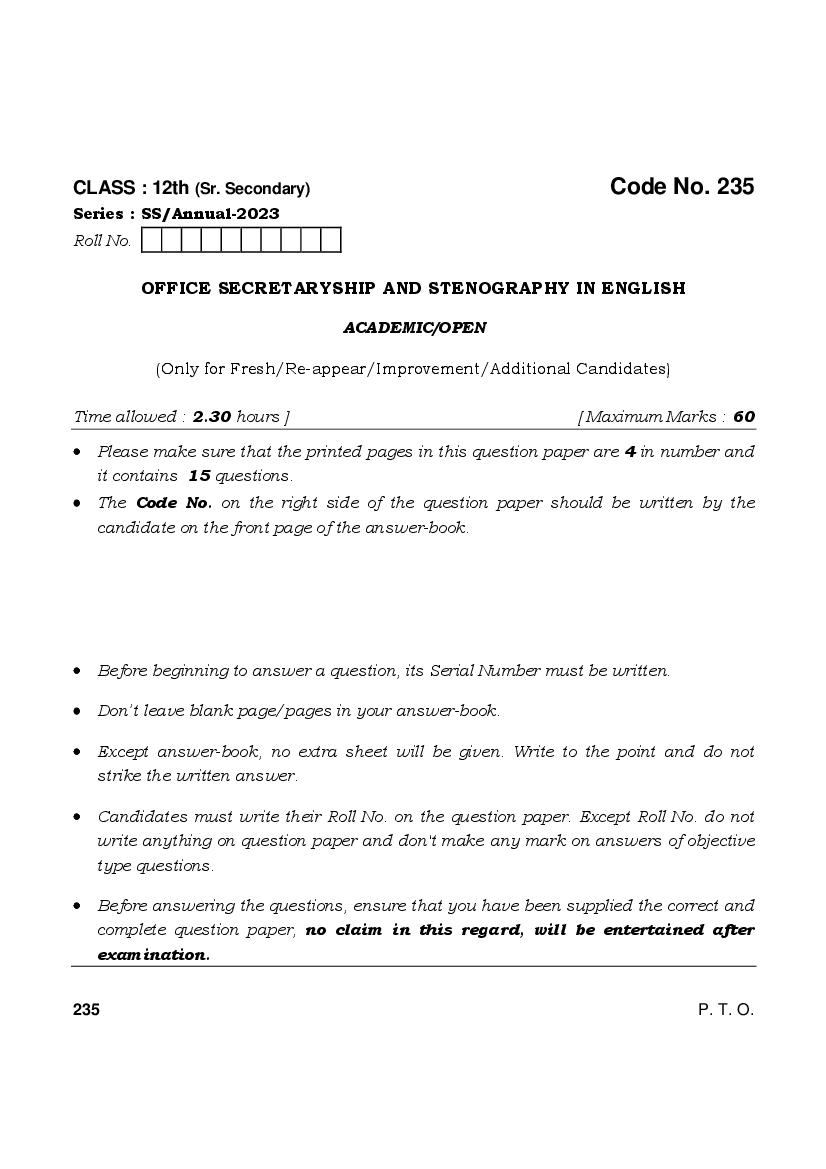 HBSE Class 12 Question Paper 2023 Office Secretary-ship and Stenography - Page 1