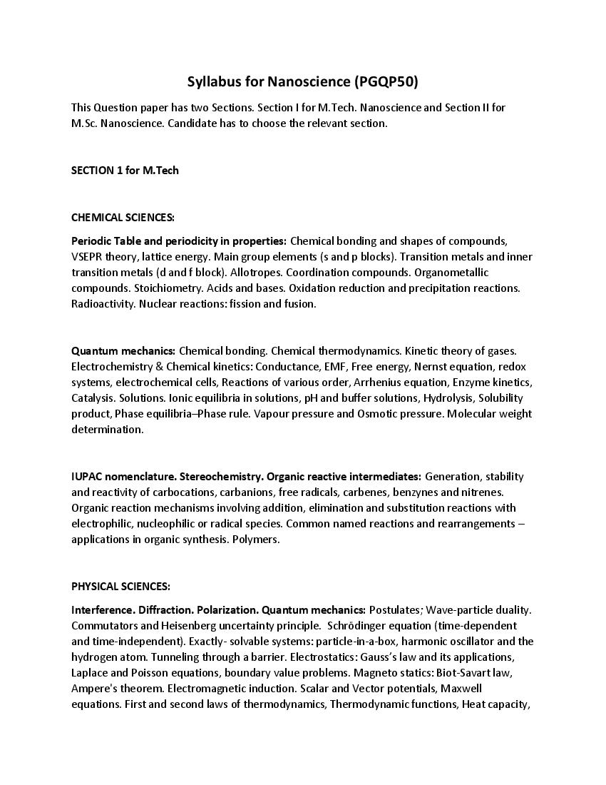CUET PG 2022 Syllabus PGQP50 Nanoscience - Page 1 of 5