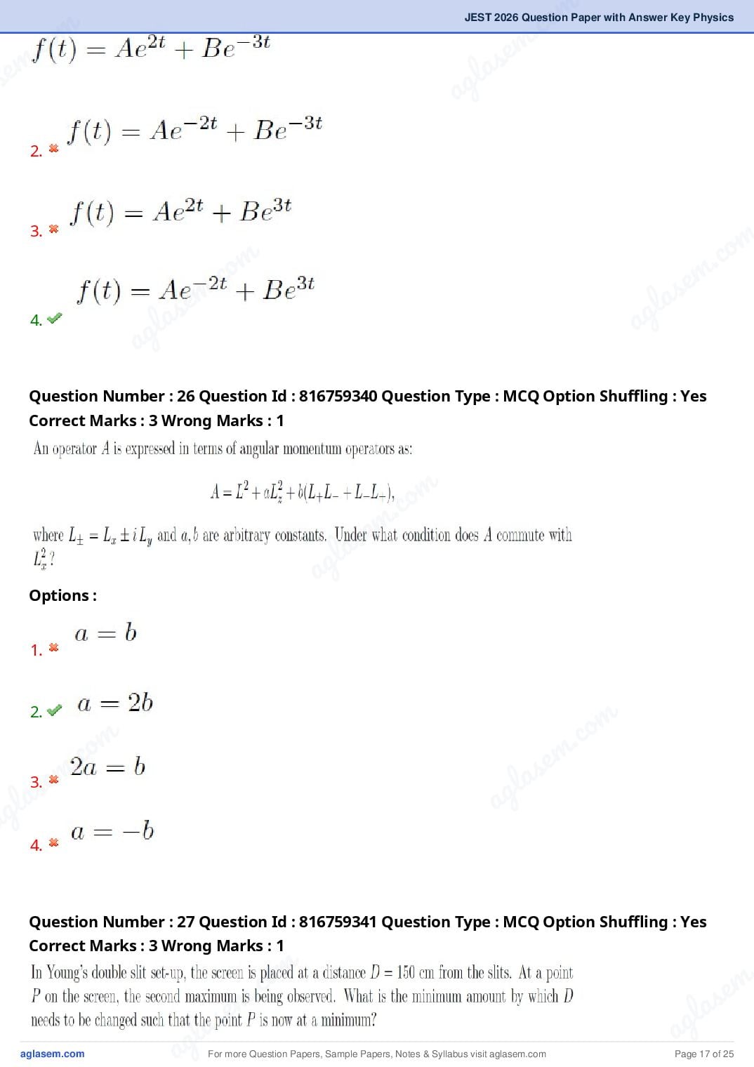 JEST 2026 Physics Question Paper PDF with Answers