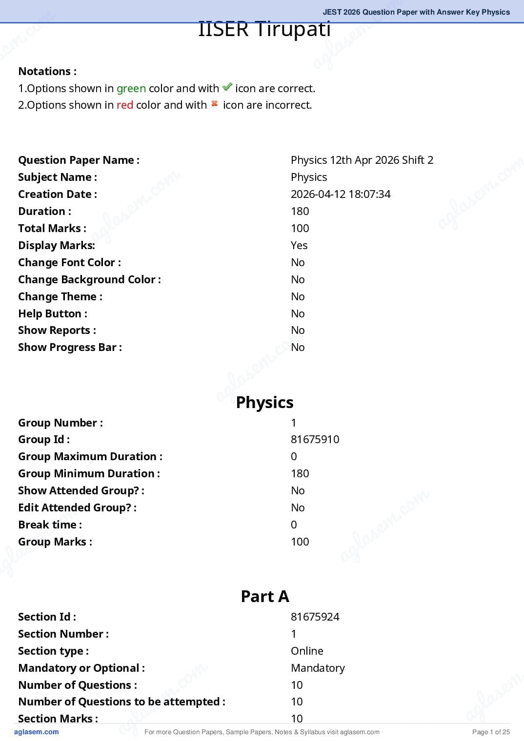 JEST 2026 Physics Question Paper PDF with Answers