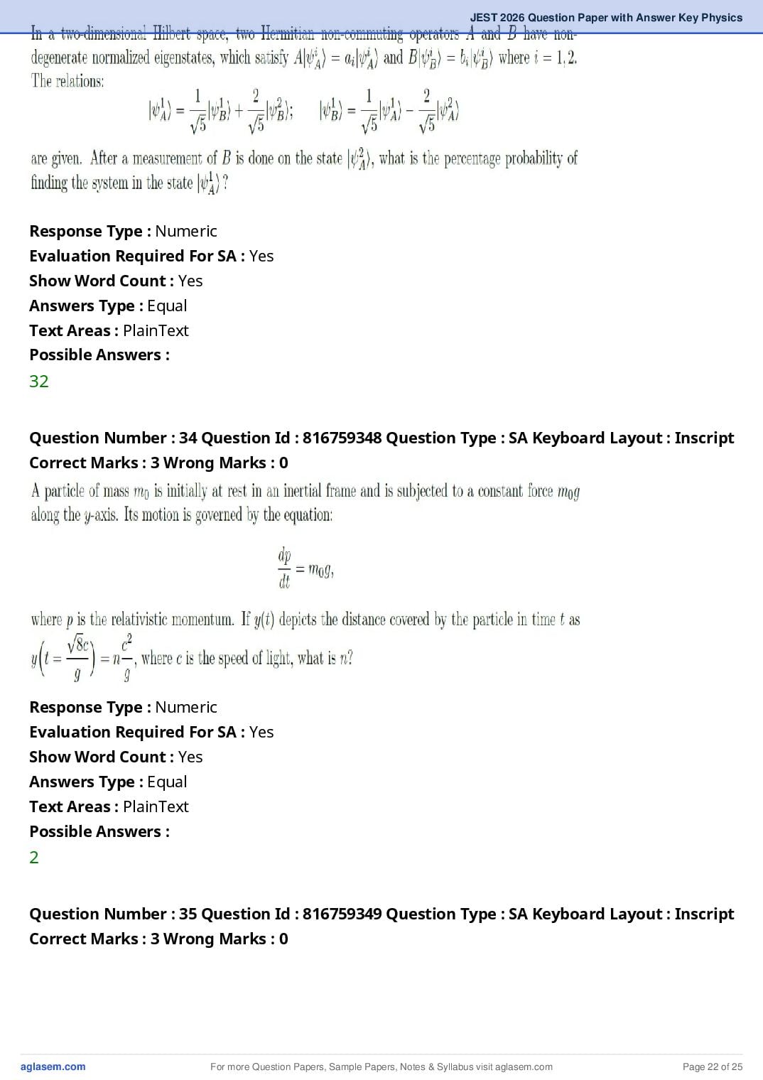 JEST 2026 Physics Question Paper PDF with Answers