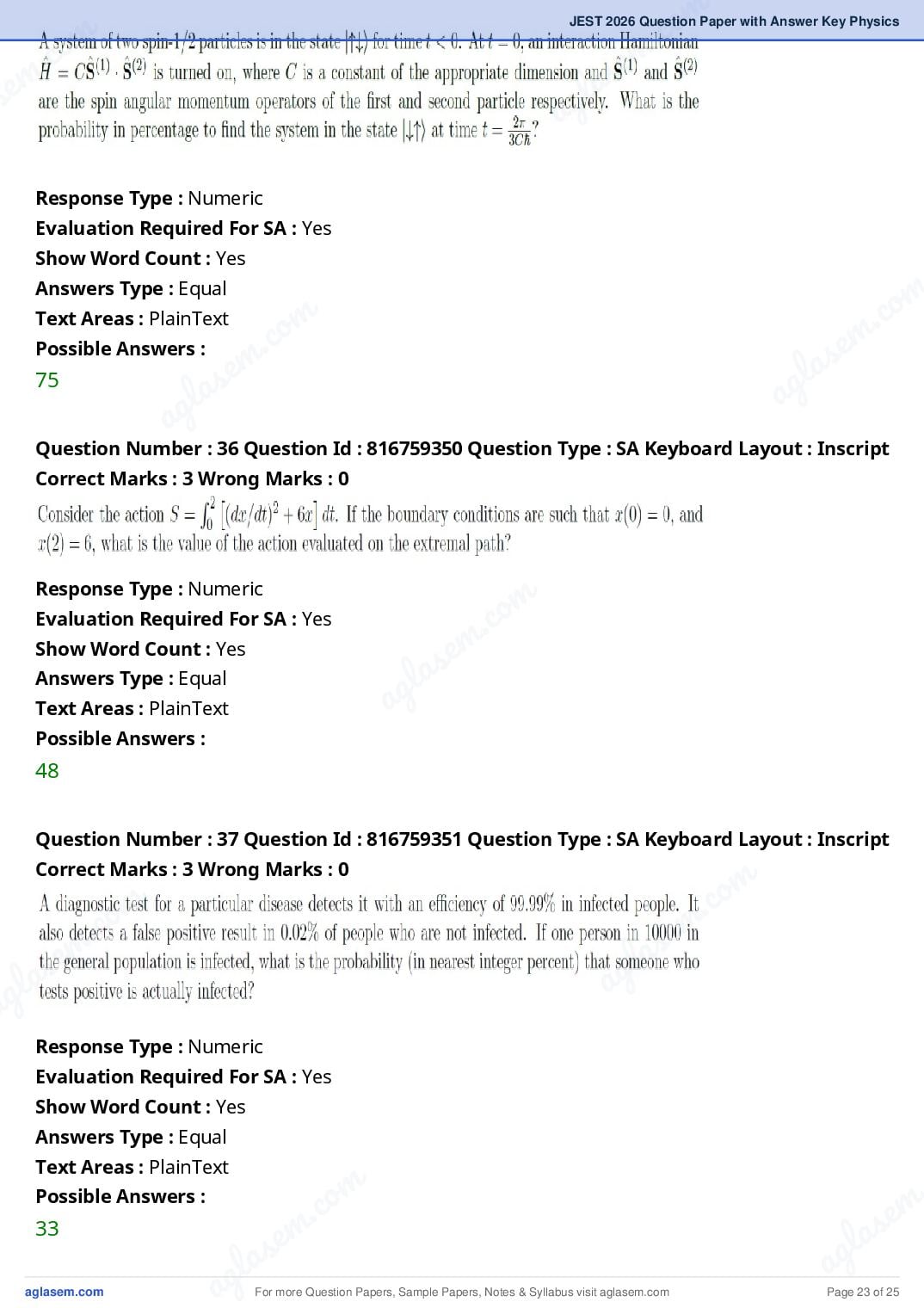 JEST 2026 Physics Question Paper PDF with Answers