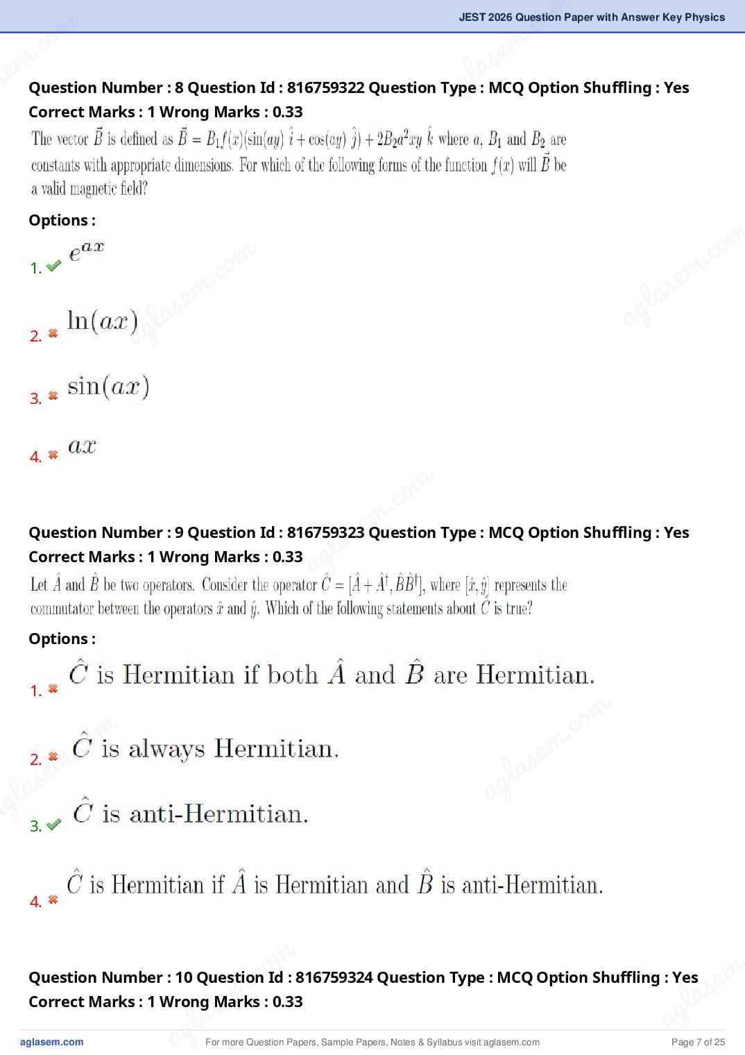 JEST 2026 Physics Question Paper PDF with Answers