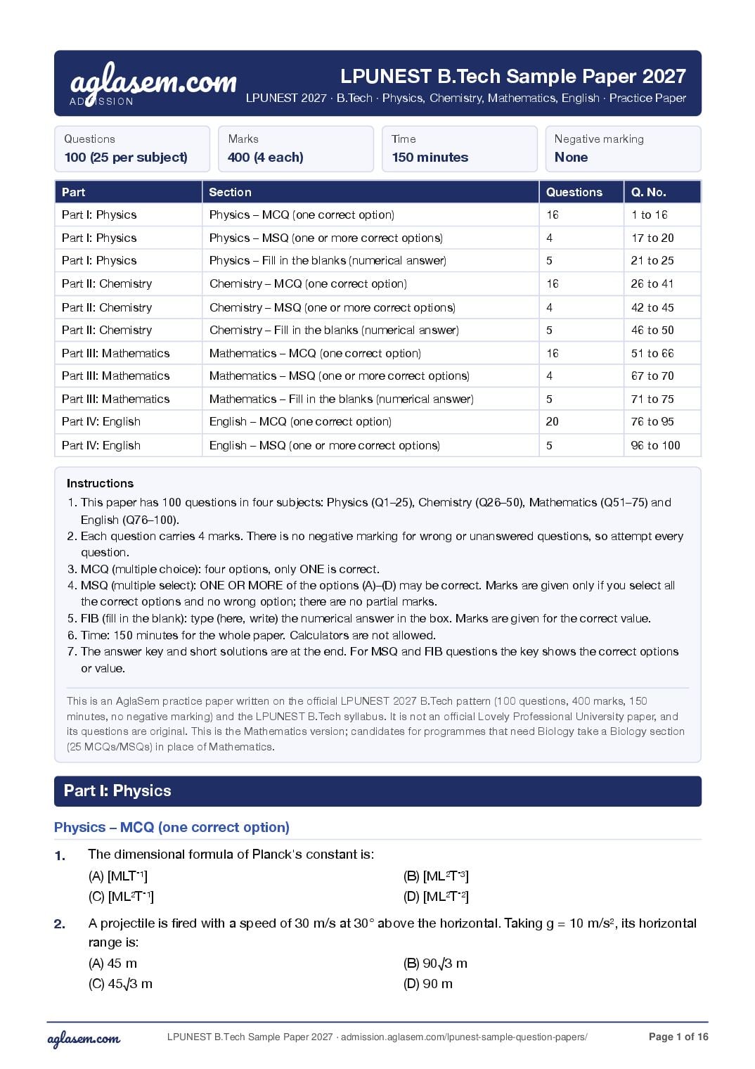 LPUNEST 2027 Sample Paper B.Tech - Page 1 of 16