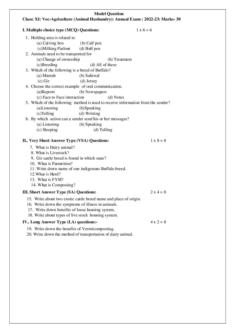 TBSE Class 11 Sample Paper 2023 Vocational - Page 1