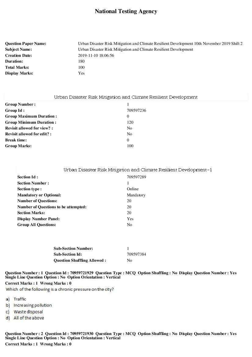 SWAYAM 2019 Question Paper Urban Disaster Risk Mitigation and Climate Resilient Development - Page 1 of 7