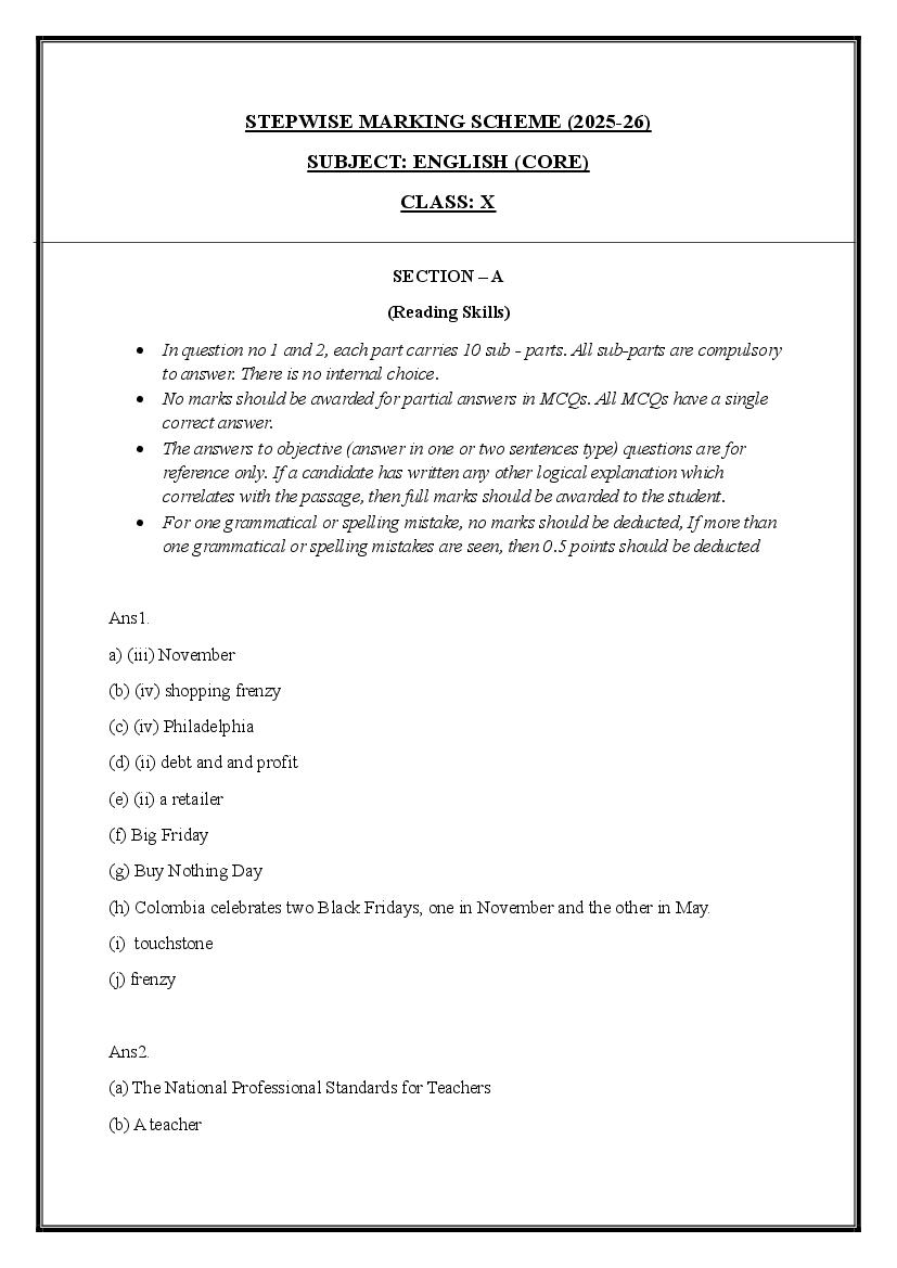 HBSE Class 10 Sample Paper 2026 Answers English - Page 1