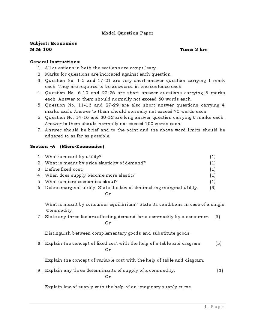 JKBOSE Class 12 Model Question Paper 2021 for Economics - Page 1