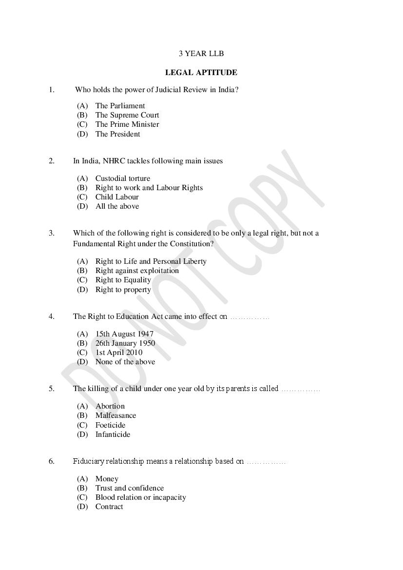 CUSAT CAT 2021 Question Paper 3 Year LLB - Page 1
