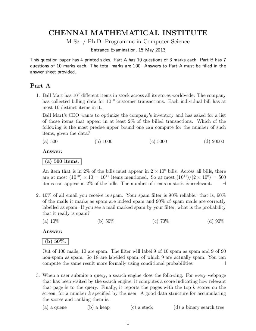 CMI Entrance Exam 2013 Question Paper Solution M.Sc Computer - Page 1 of 10