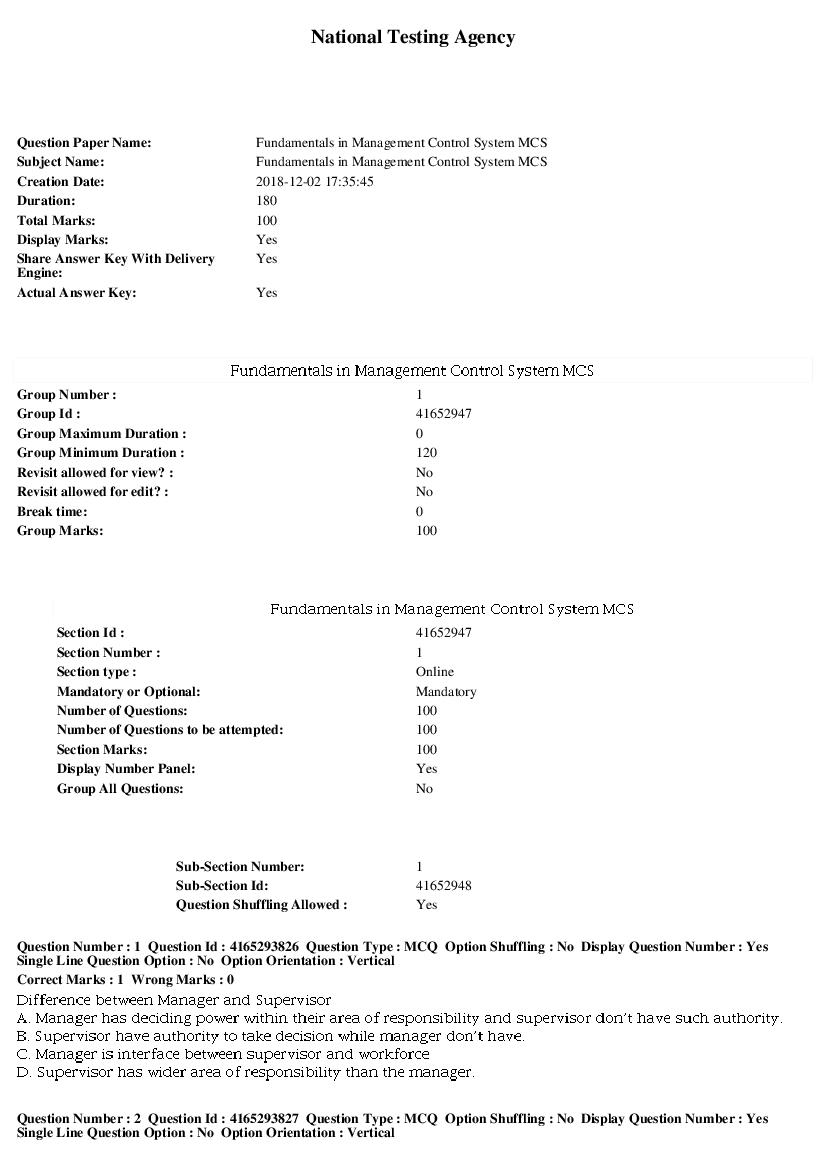 SWAYAM 2018 Question Paper Fundamentals in Management Control System MCS - Page 1 of 17