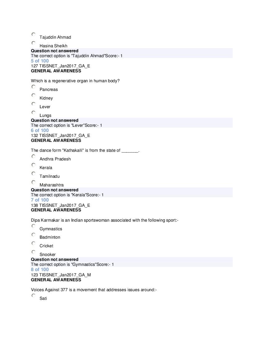 TISSNET 2017 Question Paper PDF with Answers (100 Questions)