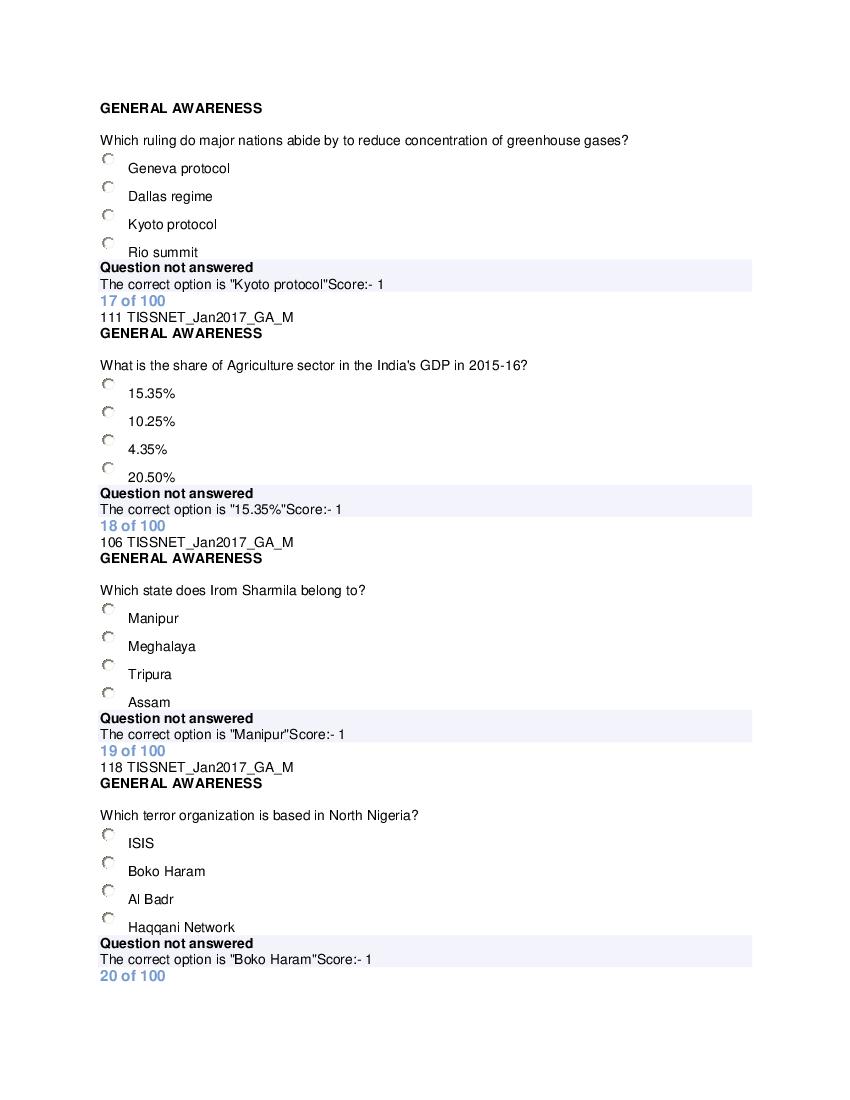 TISSNET 2017 Question Paper PDF with Answers (100 Questions)