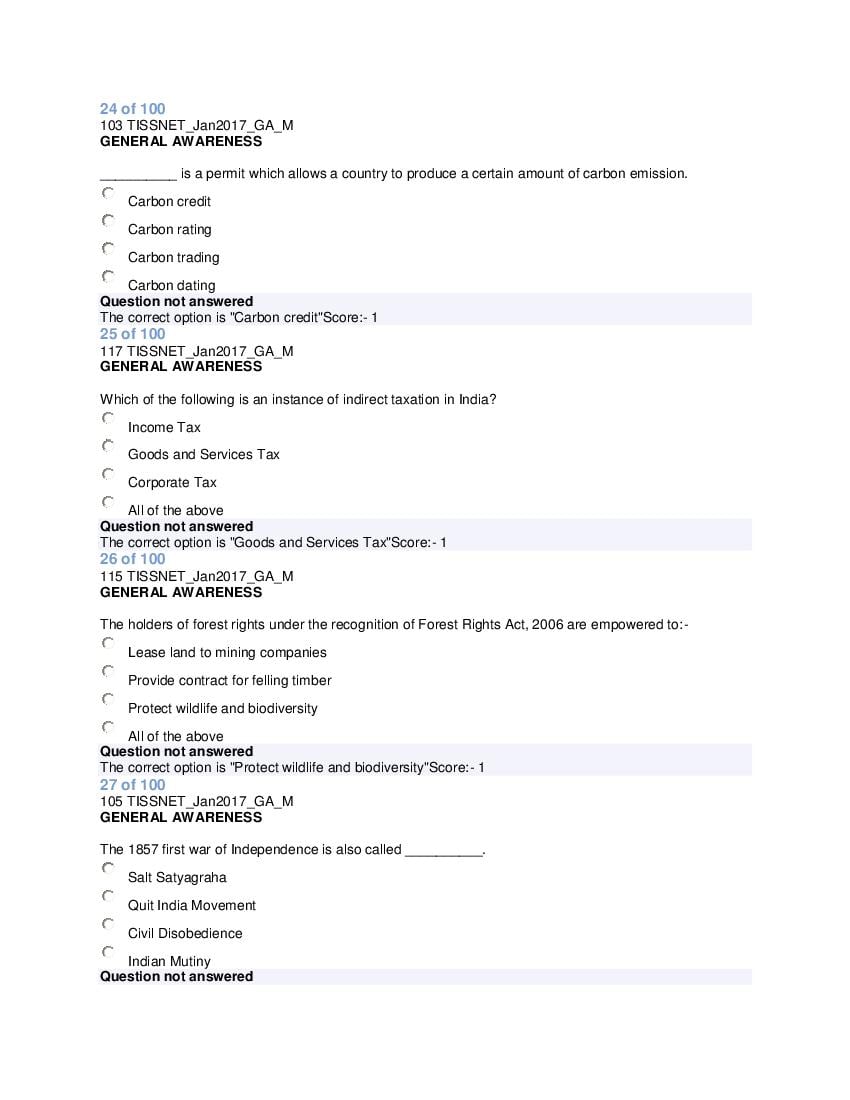 TISSNET 2017 Question Paper PDF with Answers (100 Questions)