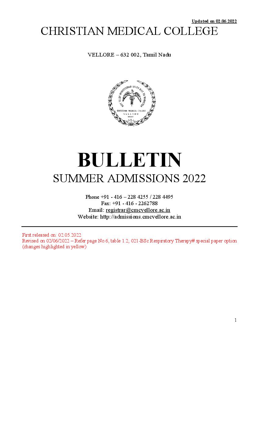 CMC Vellore Summer Admission Bulletin 2022 - Page 1