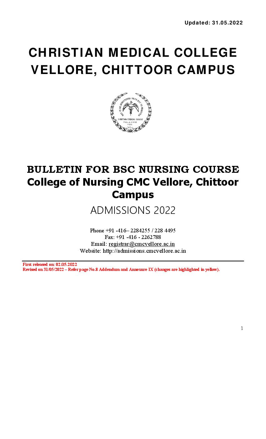 CMC Vellore BSc Nursing Chittoor Campus Admission Bulletin 2022 - Page 1