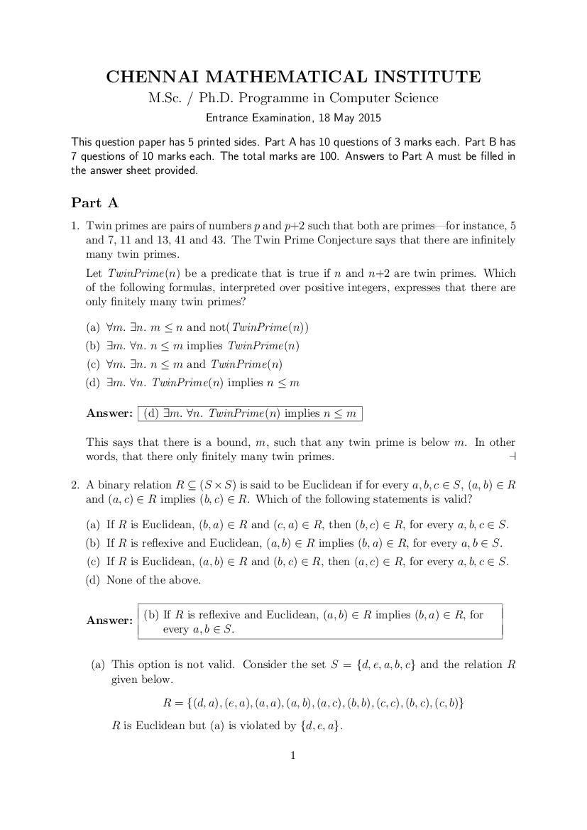 CMI Entrance Exam 2015 Question Paper Solution M.Sc Computer - Page 1 of 10