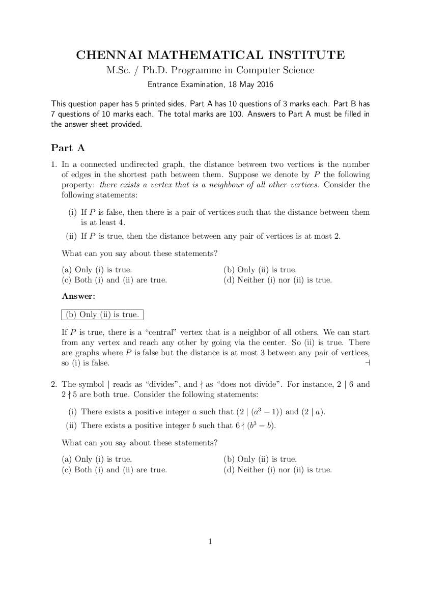 CMI Entrance Exam 2016 Question Paper Solution M.Sc Computer - Page 1 of 10