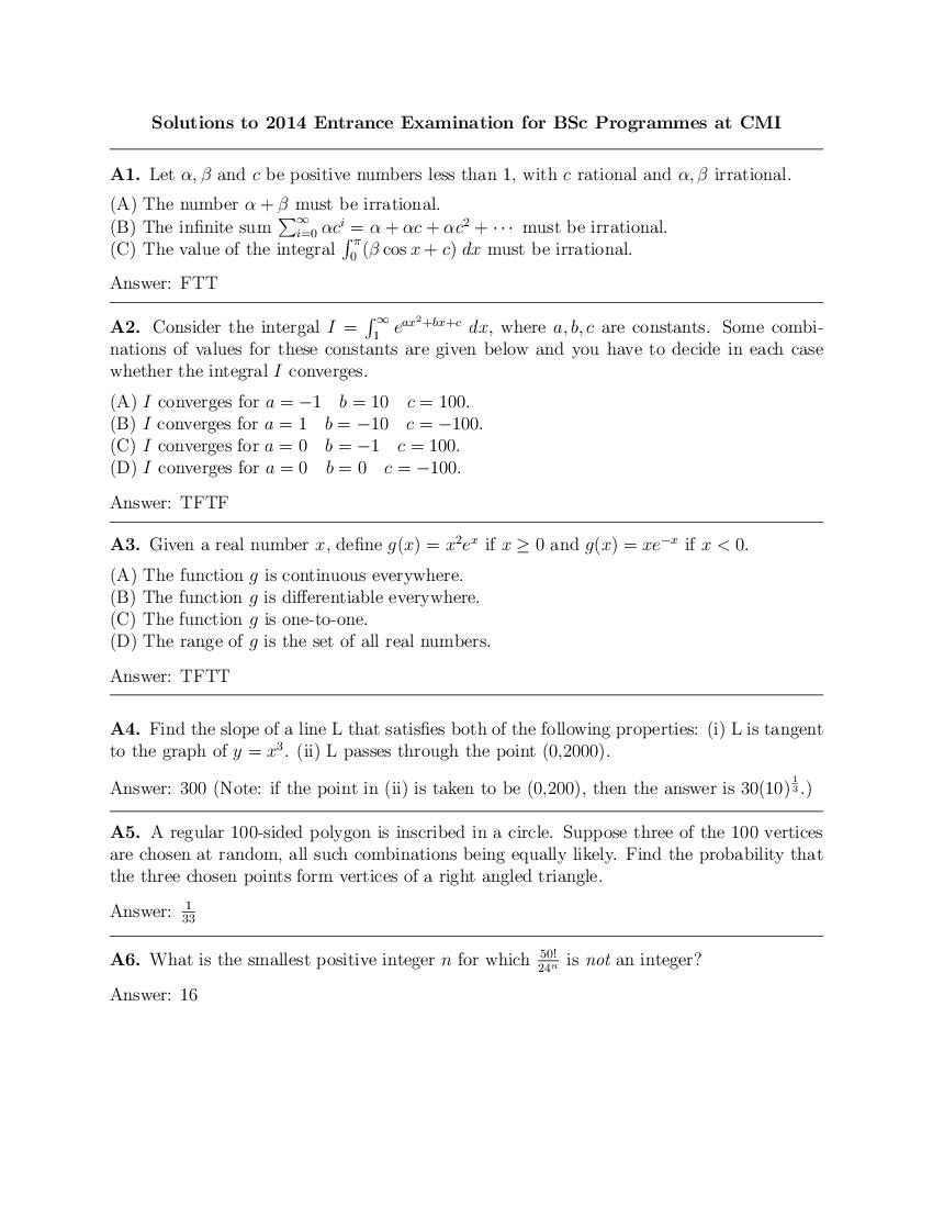 CMI Entrance Exam 2014 Question Paper Solution B.Sc