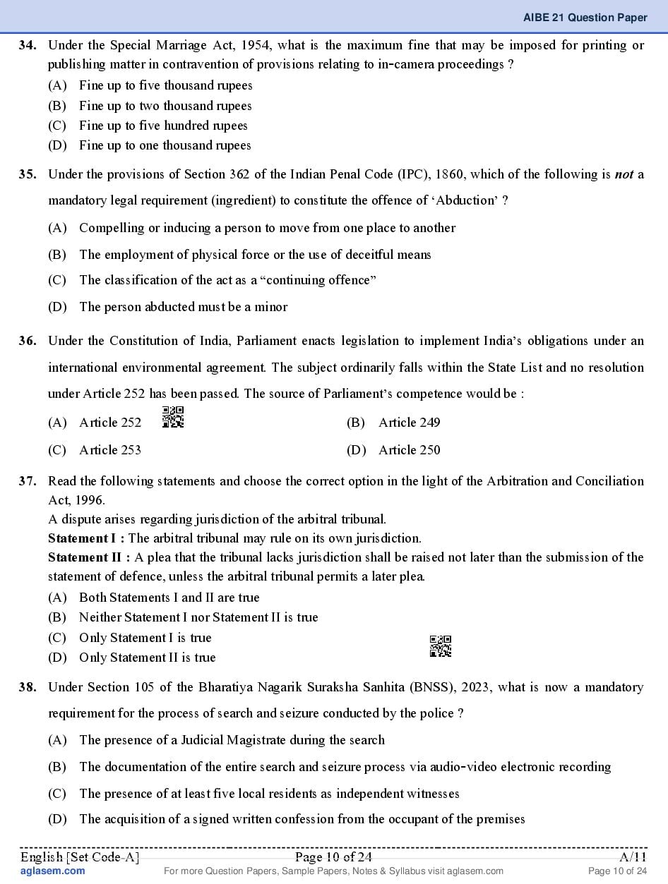 AIBE XXI (21) 2026 Question Paper PDF with Final Answer Key