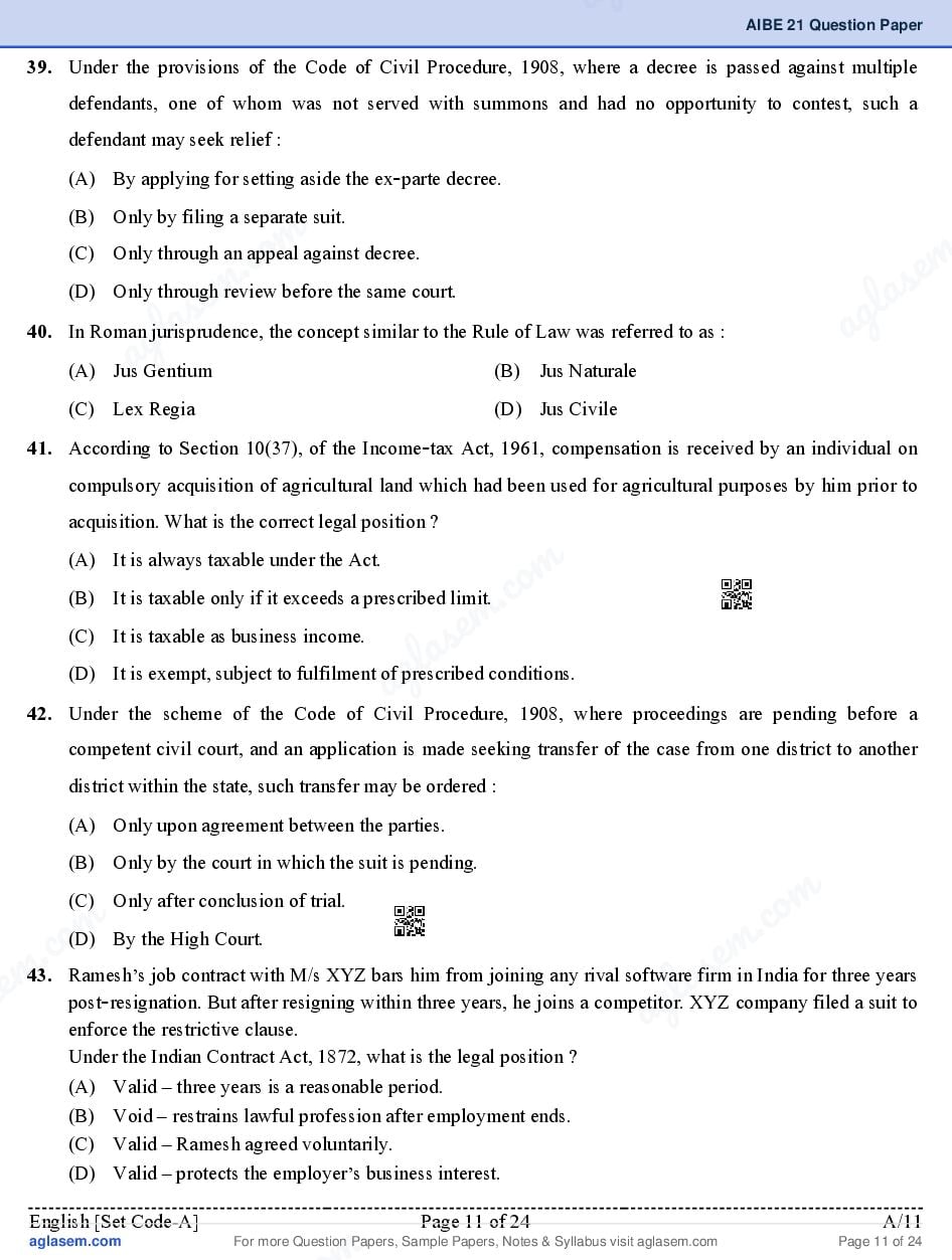 AIBE XXI (21) 2026 Question Paper PDF with Final Answer Key