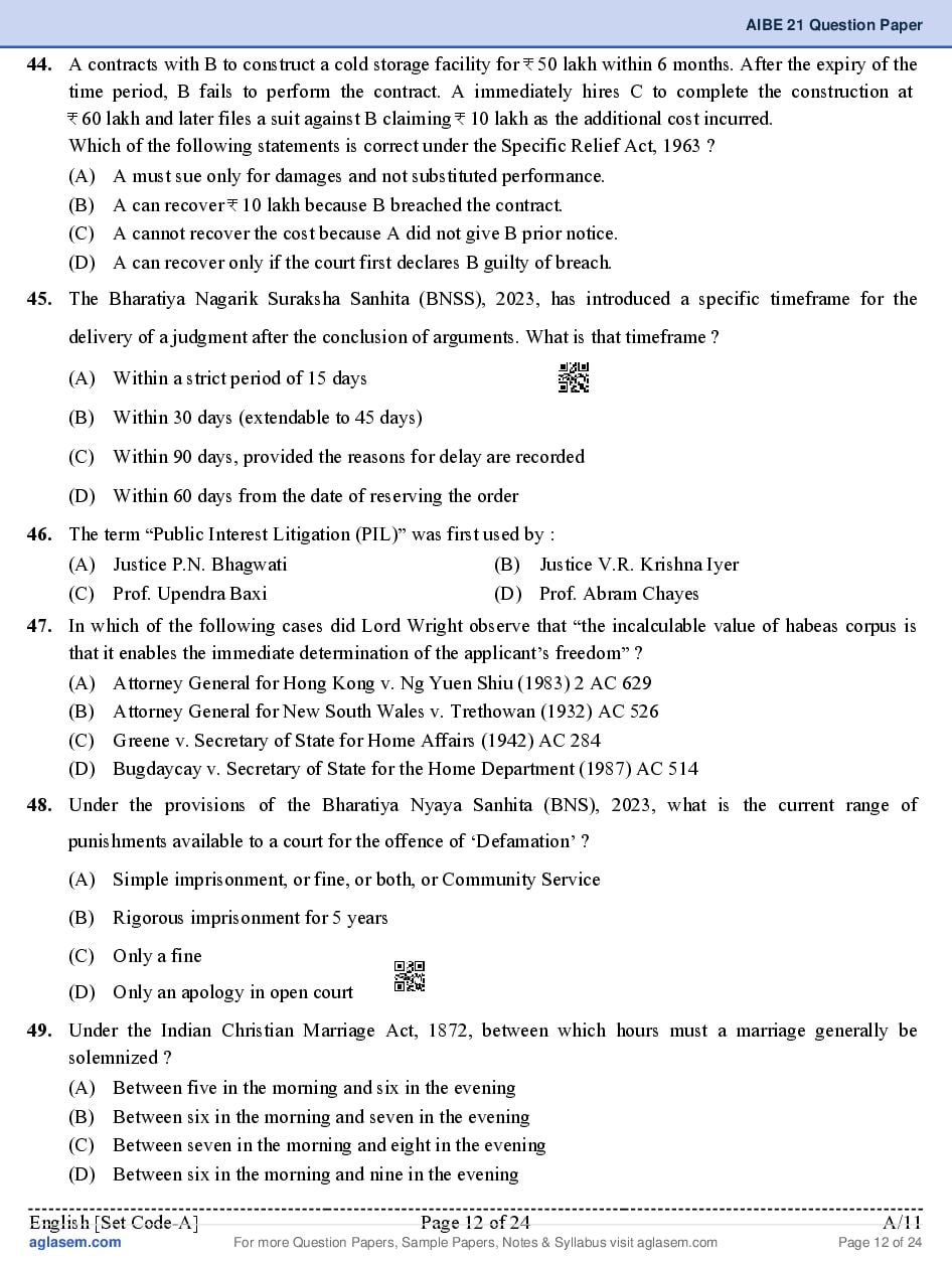 AIBE XXI (21) 2026 Question Paper PDF with Final Answer Key
