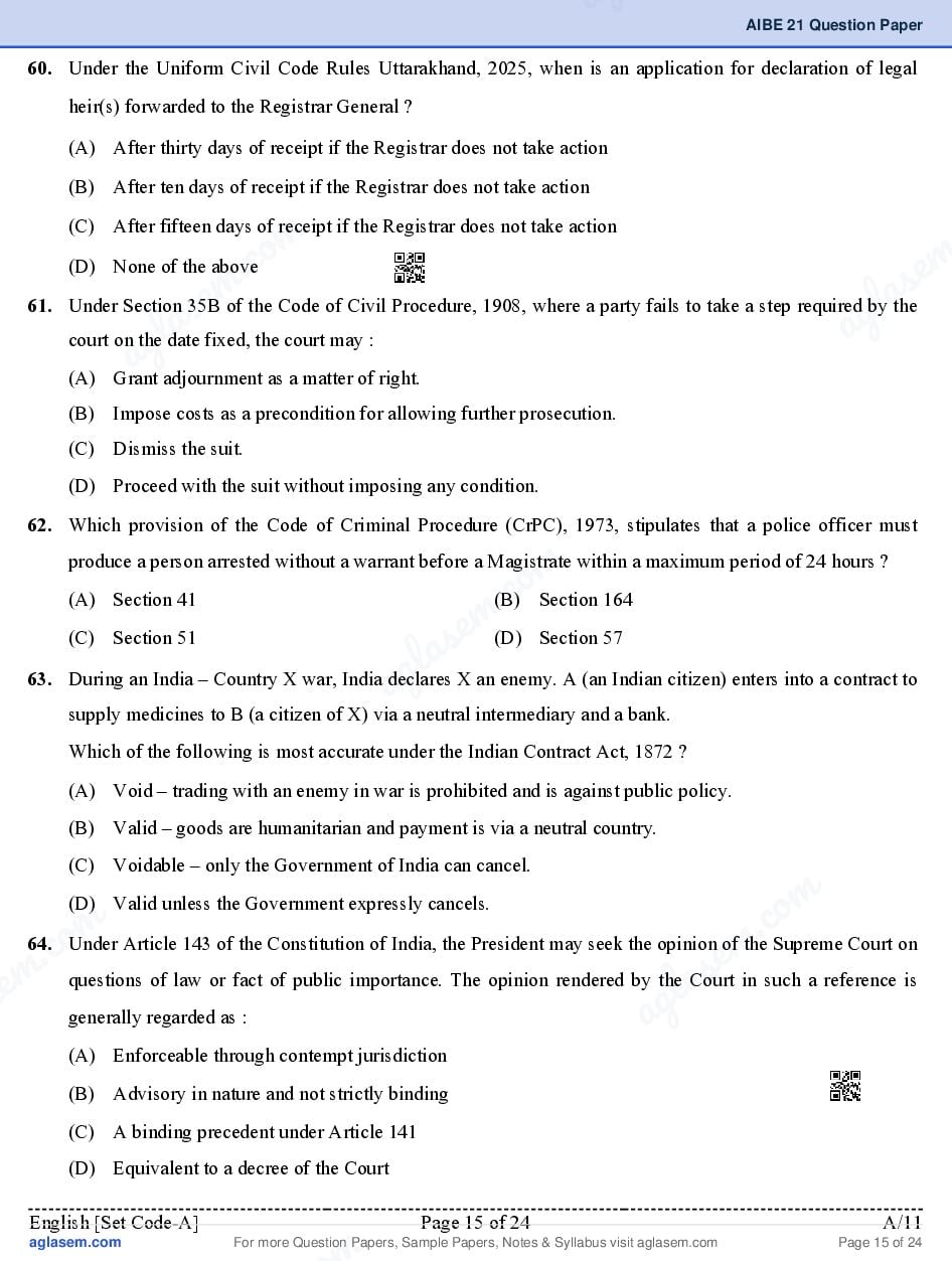 AIBE XXI (21) 2026 Question Paper PDF with Final Answer Key