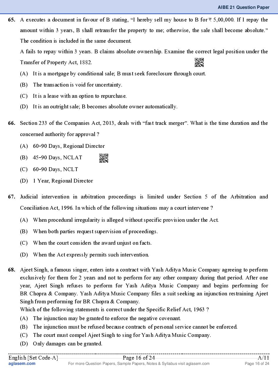 AIBE XXI (21) 2026 Question Paper PDF with Final Answer Key