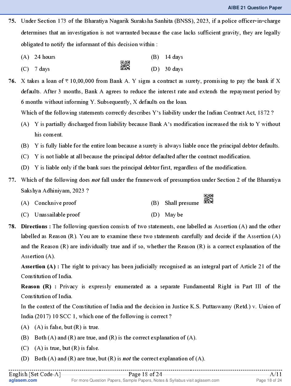 AIBE XXI (21) 2026 Question Paper PDF with Final Answer Key