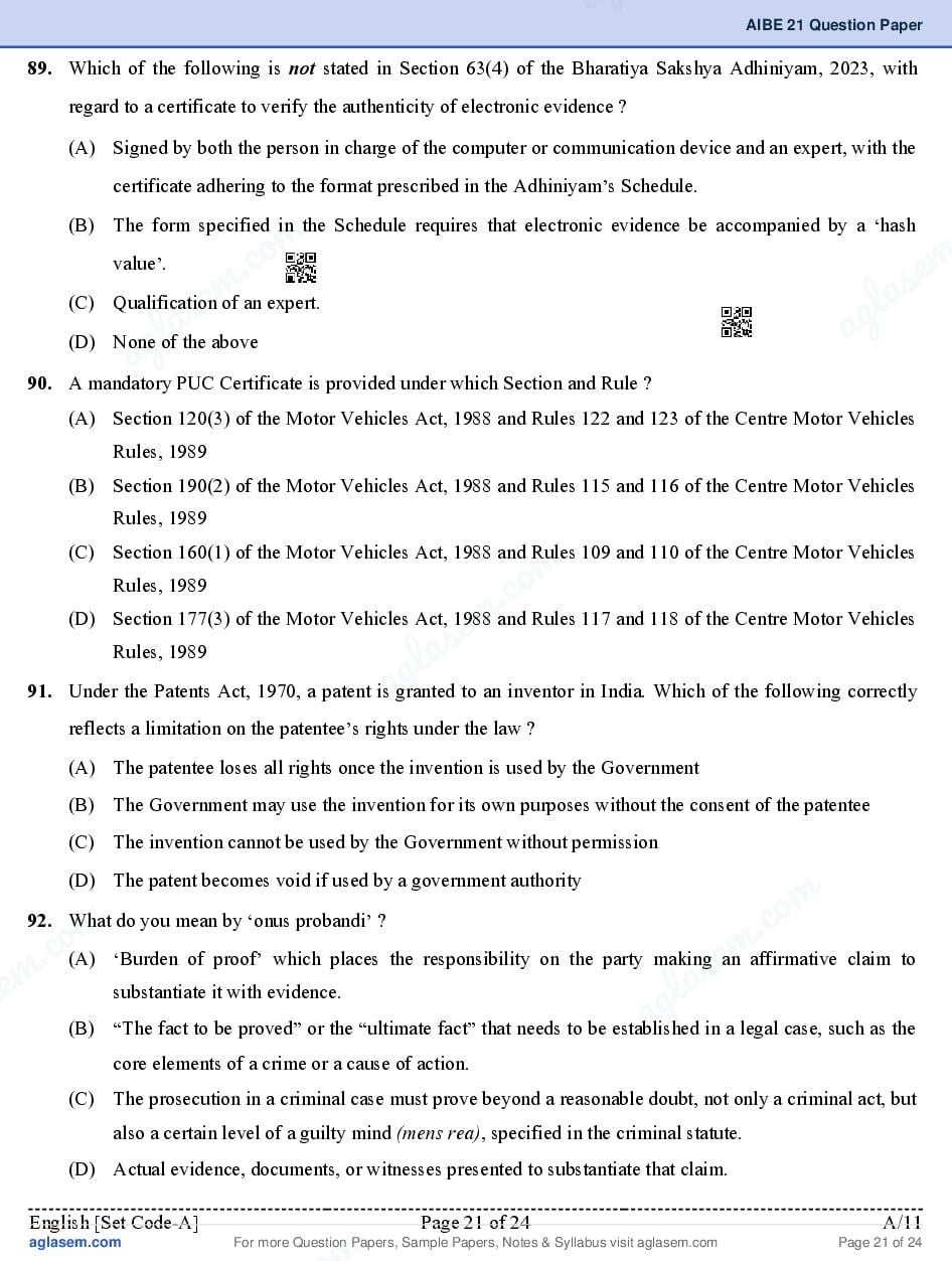 AIBE XXI (21) 2026 Question Paper PDF with Final Answer Key