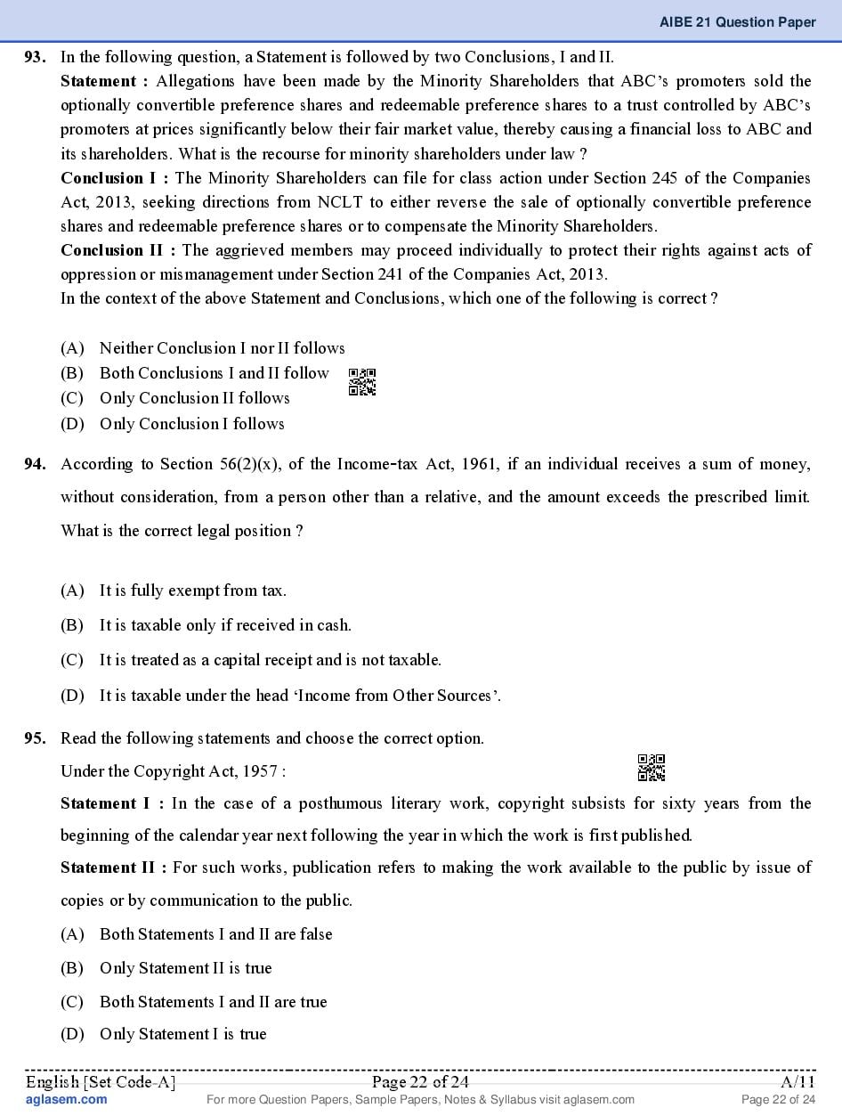 AIBE XXI (21) 2026 Question Paper PDF with Final Answer Key