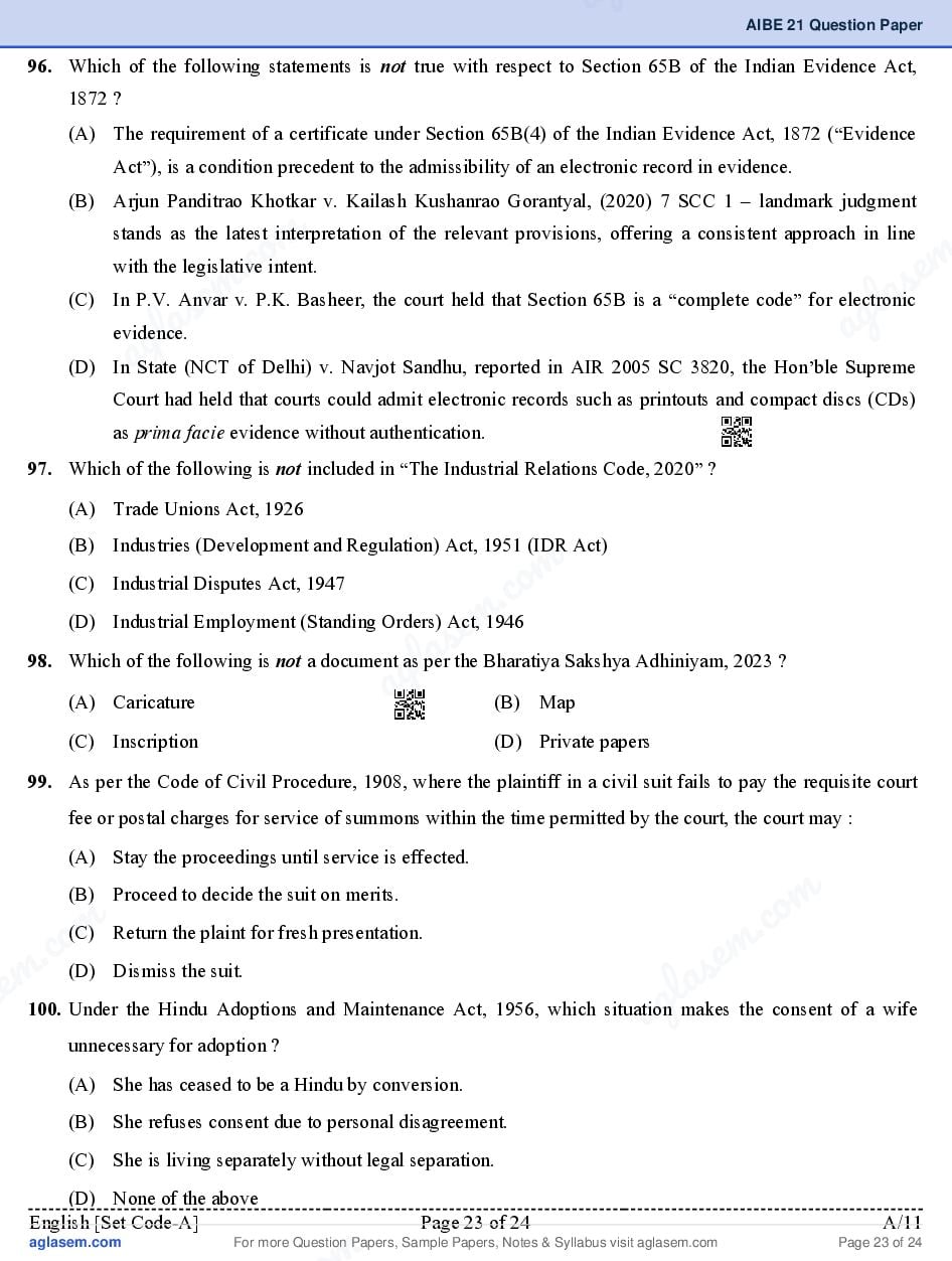 AIBE XXI (21) 2026 Question Paper PDF with Final Answer Key