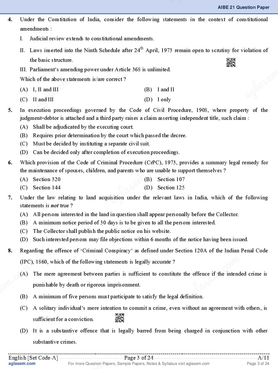 AIBE XXI (21) 2026 Question Paper PDF with Final Answer Key